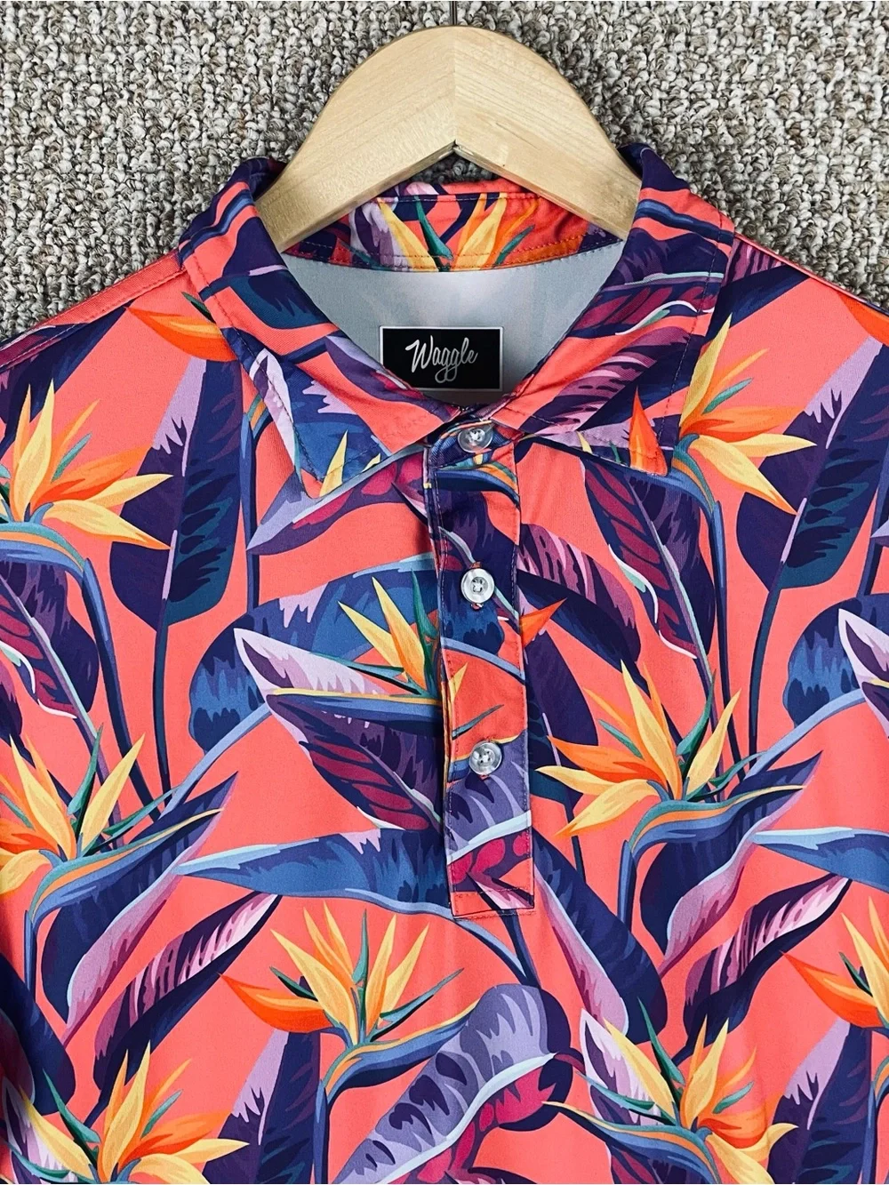 Waggle Polo Shirt Men's Large Loud Floral Print Stretch Performance Golf T198 - Picture 4 of 8